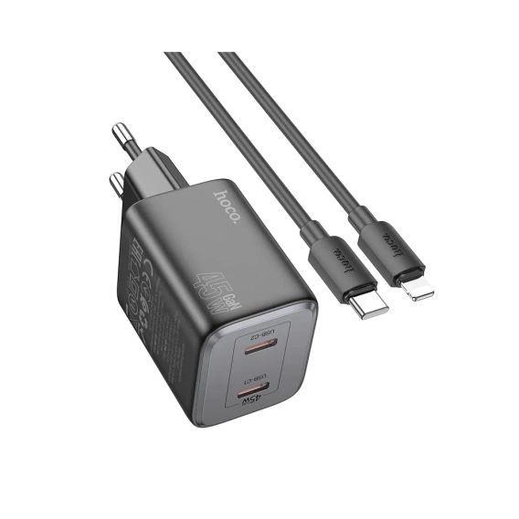 Ładowarka sieciowa HOCO 2x Typ-C + kabel Typ-C do Lightning PD/QC 45W GaN N42 czarna