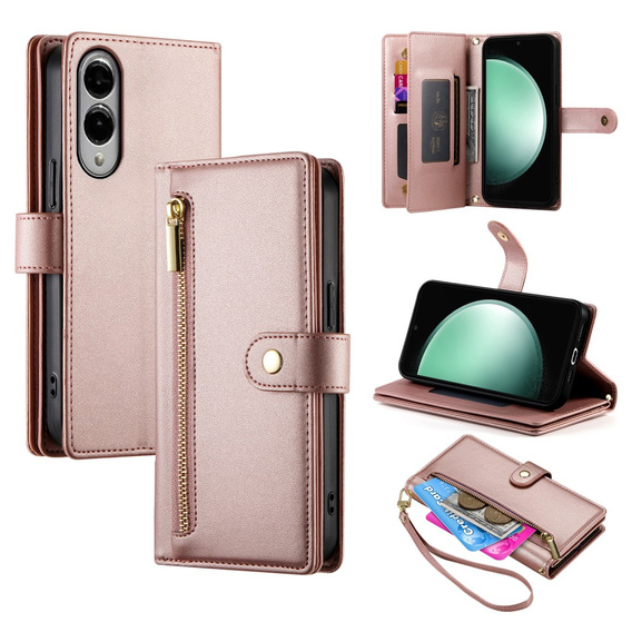 Etui z klapką do Samsung Galaxy S25 Edge, Wallet Zipper Pocket, różowe