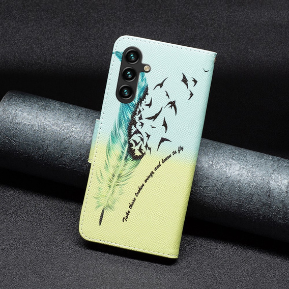 Etui z klapką do Samsung Galaxy A55 5G, Wallet, Feather niebieskie / żółte