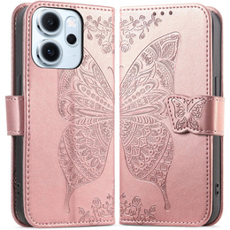 Etui z klapką do Oppo Reno 14 F / 14 FS, z wytłoczonym wzorem motyla, różowe rose gold