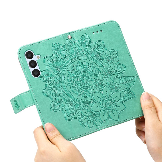 Zestaw Etui z klapką do Samsung Galaxy A54 5G, portfel Mandala i kwiaty, zielone + szkło