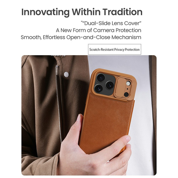 Etui z klapką NILLKIN do iPhone 17 Pro Max, CamShield Qin Pro, skórzane, brązowe