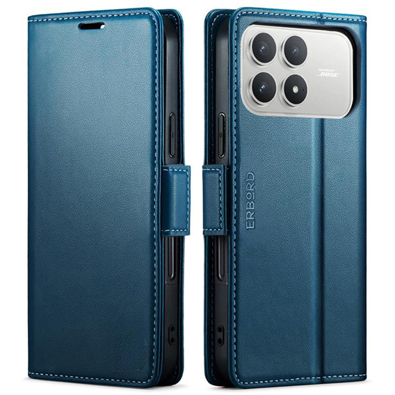 Etui do Xiaomi Poco F8 Pro, ERBORD Glossy Litchi, portfel z klapką, niebieskie
