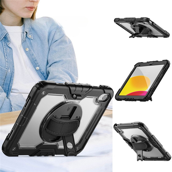 Etui ochronne do iPad 11" 2025 A16 (11 gen.) / 10.9" 2022 (10 gen.) z folią PET, paskiem na ramię i obrotową podstawką - czarne