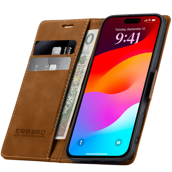 Etui do iPhone 17 Pro Max, ERBORD Vintage portfel z klapką, kawowe