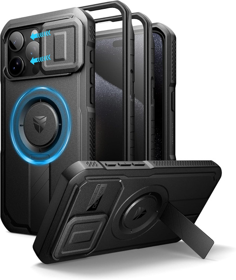 Etui pancerne do iPhone 15 Pro Max, Dexnor CamProtect MagSafe, czarne (Dwie ramki)