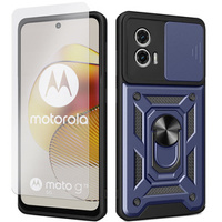 Zestaw Etui do Motorola Moto G73 5G pancerne, z ochroną aparatu i ringiem, niebieskie + szkło