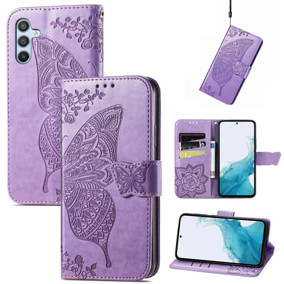 Etui z klapką do Samsung Galaxy A17 5G, z wytłoczonym wzorem motyla, fioletowe