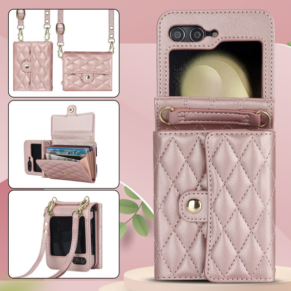 Etui skórzane Card Slots do Samsung Galaxy Z Flip7 FE / Z Flip6, różowe złoto