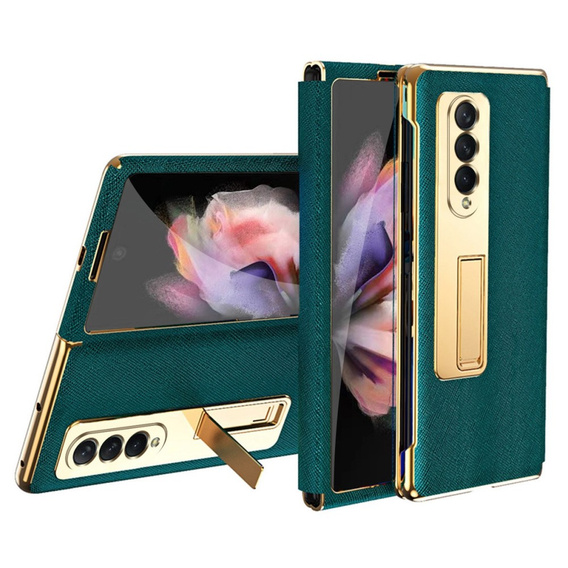 Etui ze szkłem do Samsung Galaxy Z Fold 4 5G, Kickstand Cross Texture, Green