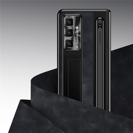 Etui skórzane do Samsung Galaxy Z Fold7 5G, z podstawką, szkłem i rysikiem, czarne
