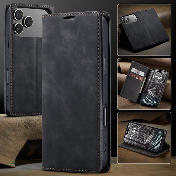 Etui do iPhone 17 Pro Max, ERBORD Vintage portfel z klapką, czarne