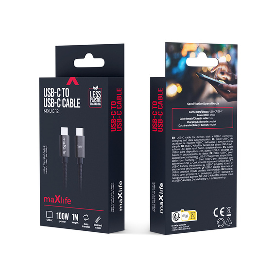 Maxlife kabel MXUC-12 USB-C – USB-C 2,0 m 100W, czarny