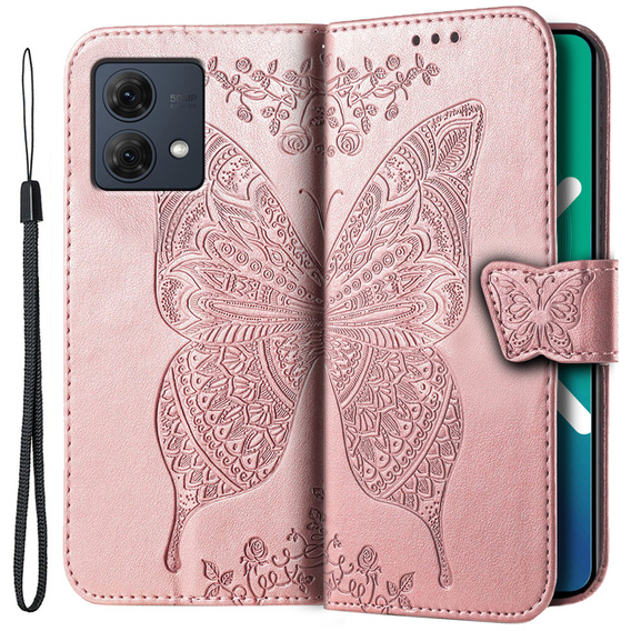 Etui z klapką do Motorola Moto G84, Butterfly, różowe rose gold