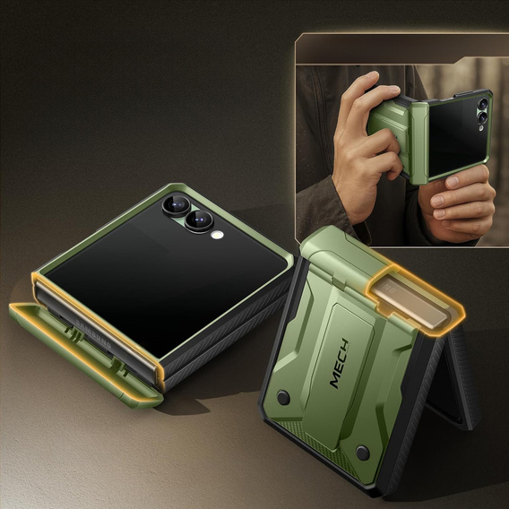 Etui do Samsung Galaxy Z Flip 7, Tongate MECH z klipsem, zielone