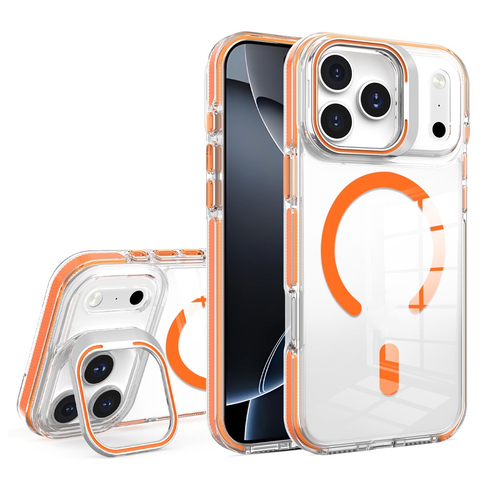 Etui do iPhone 17 Pro Max, do MagSafe, z podstawką, przezroczyste z pomarańczowymi akcentami
