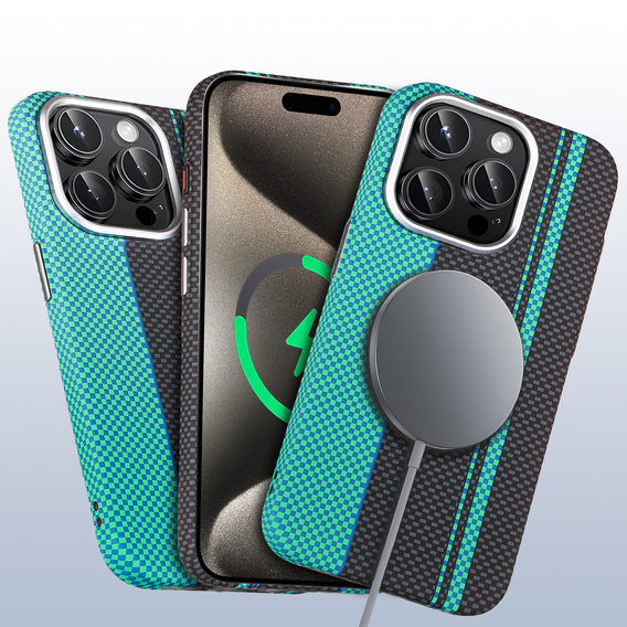 Etui do iPhone 15 Pro Max, Carbon Fiber MagSafe, czarne / niebieskie