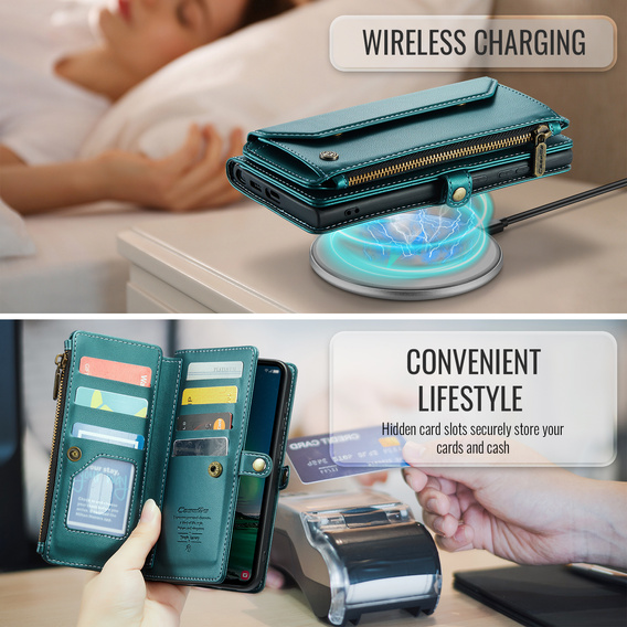 Etui CASEME do Samsung Galaxy S25 FE, RFID Leather Wallet, z paskiem na ramię, zielone
