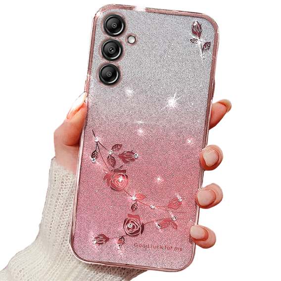 Etui do Samsung Galaxy A15, Glitter Flower, różowe rose gold + szkło