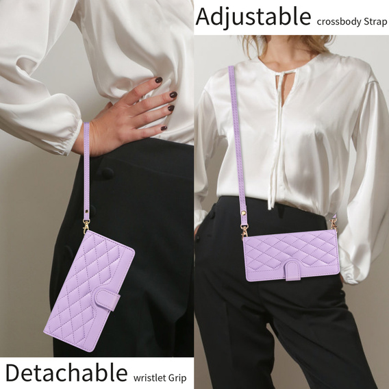 Etui z klapką do Motorola Edge 70, Rhombus Crossbody Leather, fioletowe