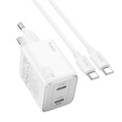 HOCO Ładowarka Sieciowa 2x USB Type-C PD QC 45W GaN, biała + Kabel USB Type-C