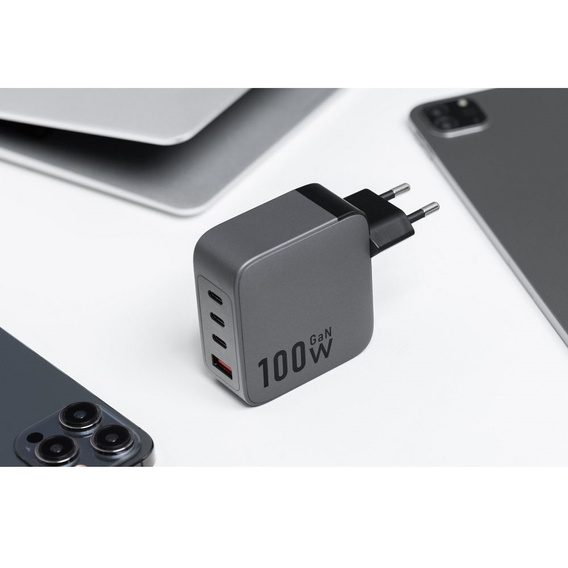 Forcell Ładowarka Sieciowa USB-A / 3x USB-C 3A GaN 100W PD QC 4.0, szara