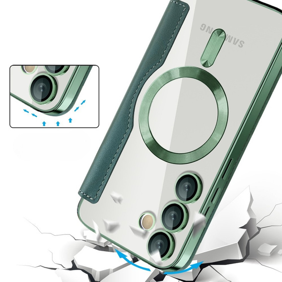Etui z klapką do Samsung Galaxy S24 FE, RFID Wallet MagSafe z ochroną aparatu, zielone
