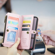 Etui z klapką do Samsung Galaxy A17 5G, portfelowe z zamkiem i paskami - różowe