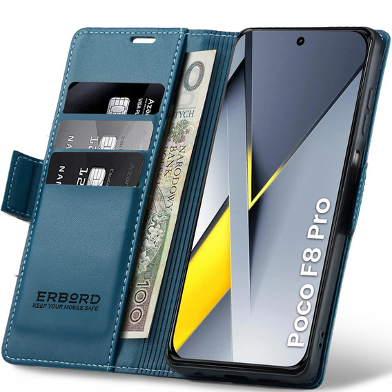 Etui do Xiaomi Poco F8 Pro, ERBORD Glossy Litchi, portfel z klapką, niebieskie