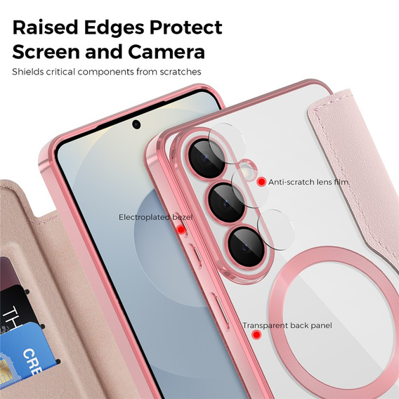 Etui z klapką do Samsung Galaxy S26 Plus, RFID Wallet MagSafe z ochroną aparatu, różowe