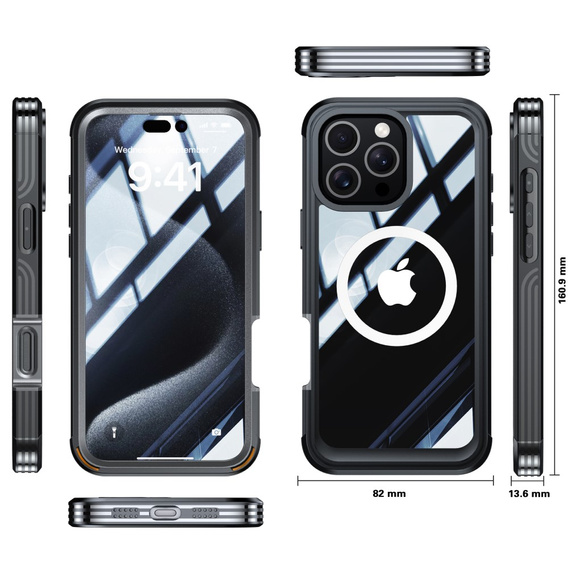 Etui do iPhone 16 Pro, Shockproof, ze szkłem, do MagSafe, czarne