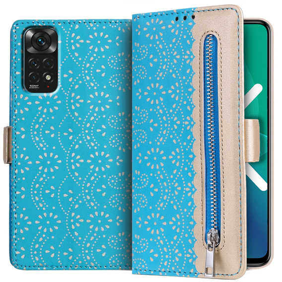 Etui z klapką do Xiaomi Redmi Note 11 4G / Note 11S 4G, Wallet Pocket Zipper Lace, niebieskie