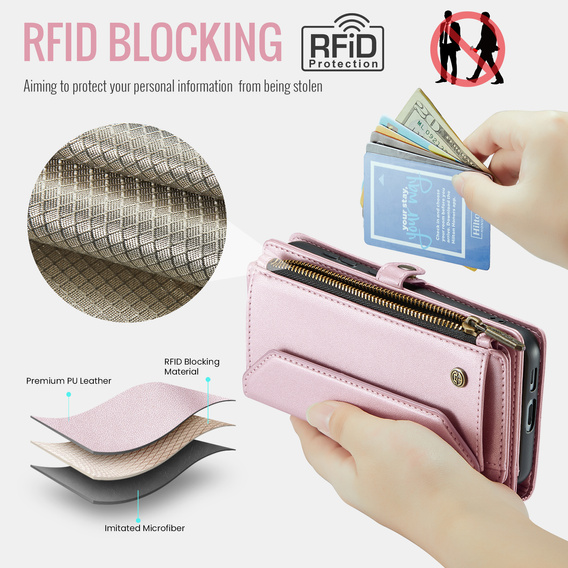 Etui CASEME do Samsung Galaxy S25 FE, RFID Leather Wallet, z paskiem na ramię, różowe