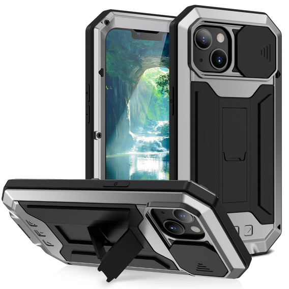 Etui do iPhone 13 Mini, R-JUST CamShield Slide, pancerne, srebrne / czarne