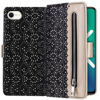 Etui z klapką do iPhone 7/8/SE 2020/SE 2022, Wallet Pocket Zipper Lace, czarne