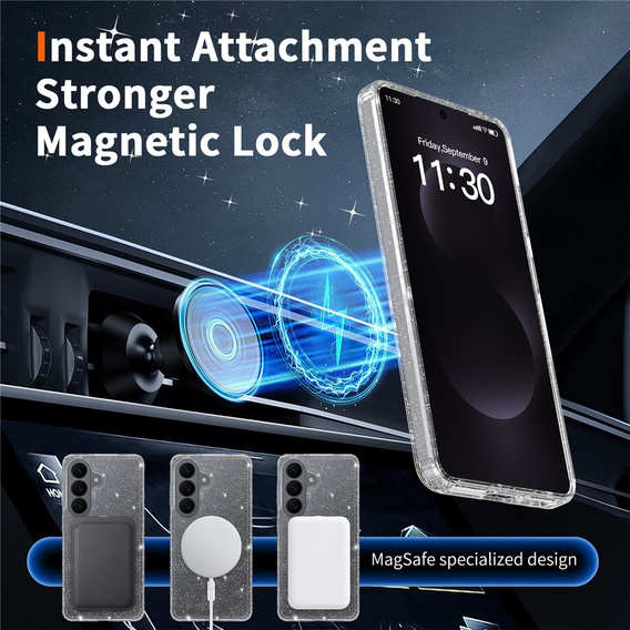 Etui do Samsung Galaxy S26, do MagSafe, brokatowe, przezroczyste