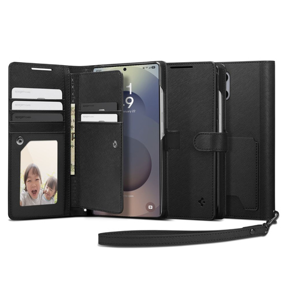 Etui Spigen Wallet "S" do Samsung Galaxy S25 Ultra, Czarne + Szkło Hartowane 9H