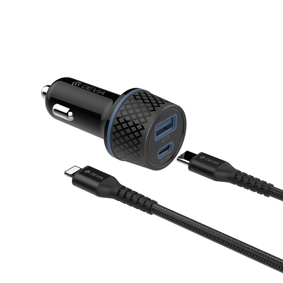 Devia ładowarka samochodowa Extreme PD + QC 52,5W 1x USB-C 1x USB czarna + kabel USB-C – Lightning