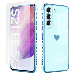 Zestaw Etui do Samsung Galaxy S21 FE, Electro heart, Niebieskie + Szkło