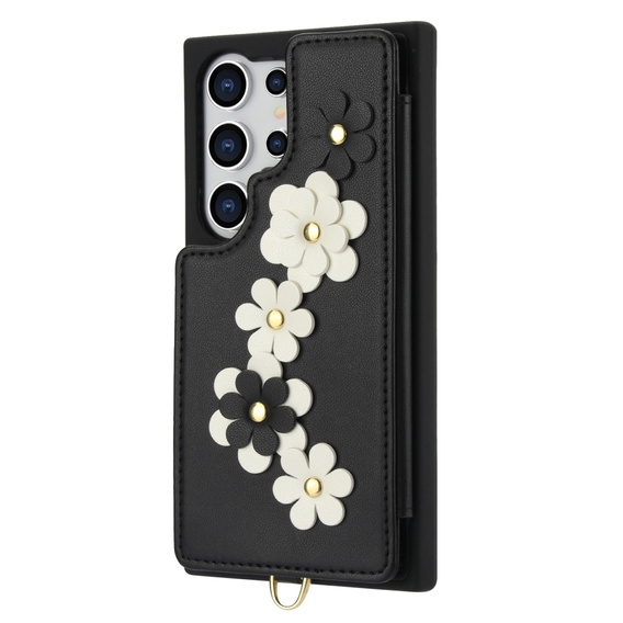 Etui do Samsung Galaxy S25 Ultra, Leather Flower Card Slot, czarne