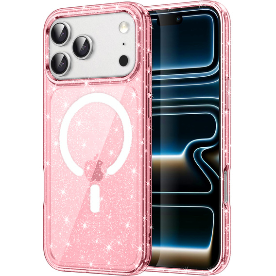 Etui do iPhone 17 Pro, do MagSafe, brokatowe, półprzezroczyste różowe