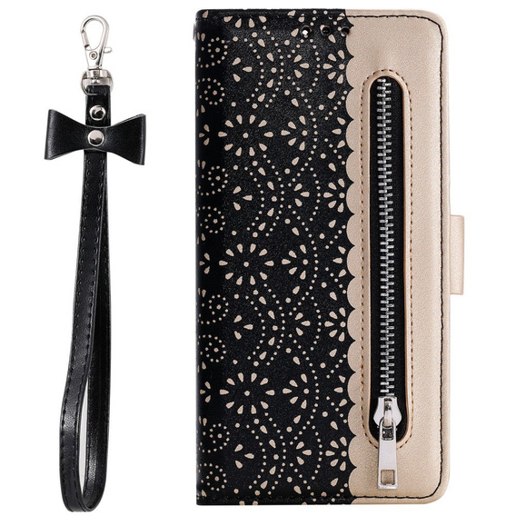 Etui z klapką do Samsung Galaxy A51, Wallet Pocket Zipper Lace, czarne