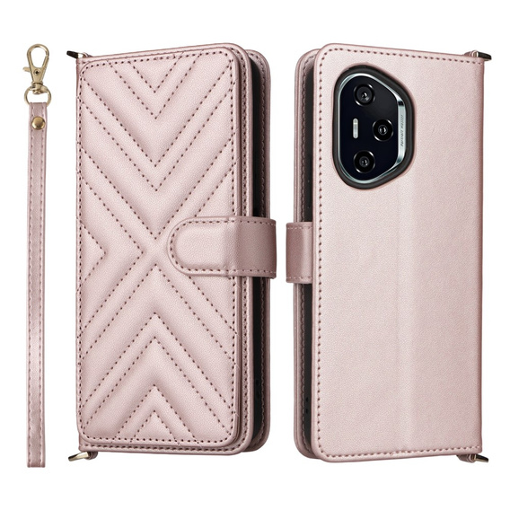 Etui z klapką do Honor 400 5G, Crossbody Leather Wallet, różowe