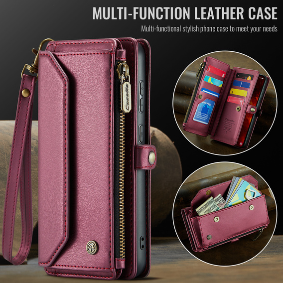 Etui CASEME do Samsung Galaxy S25 FE, RFID Leather Wallet, z paskiem na ramię, czerwone