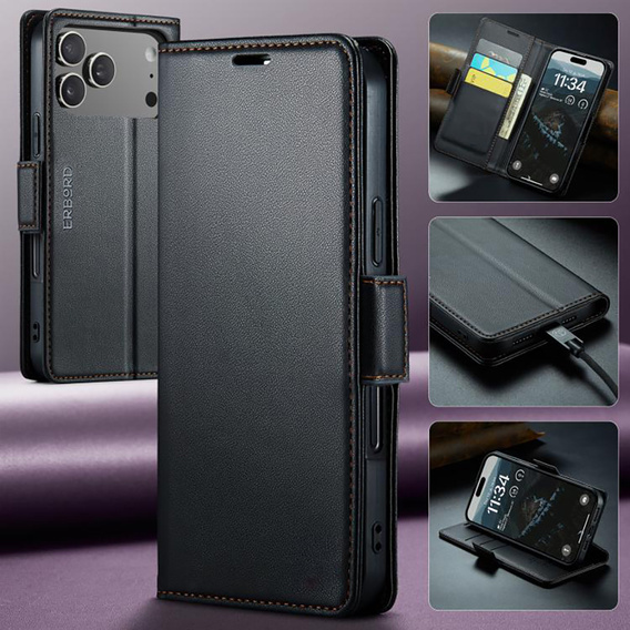 Etui do iPhone 17 Pro Max, ERBORD Glossy Litchi, portfel z klapką, czarne
