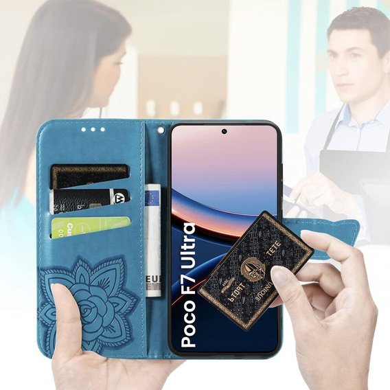 Etui z klapką do Xiaomi Poco F7 Ultra, Butterfly, niebieskie
