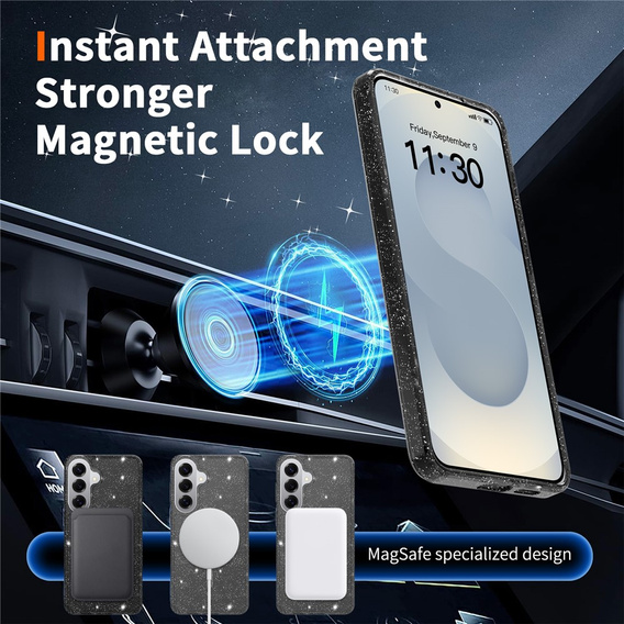 Etui do Samsung Galaxy S26 Plus, do MagSafe, brokatowe, przezroczyste / czarne