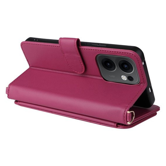 Etui z klapką do Oppo Reno 13F 5G, Crossbody Leather Wallet, bordowe