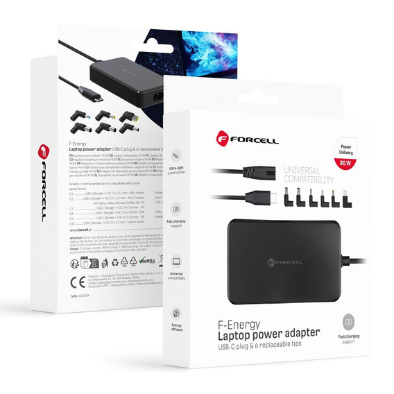 Uniwersalny zasilacz do laptopa Forcell E856 USB-C 90W z wymiennymi końcówkami