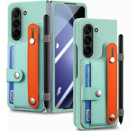 Etui skórzane do Samsung Galaxy Z Fold6 5G, z podstawką i szkłem, zielone